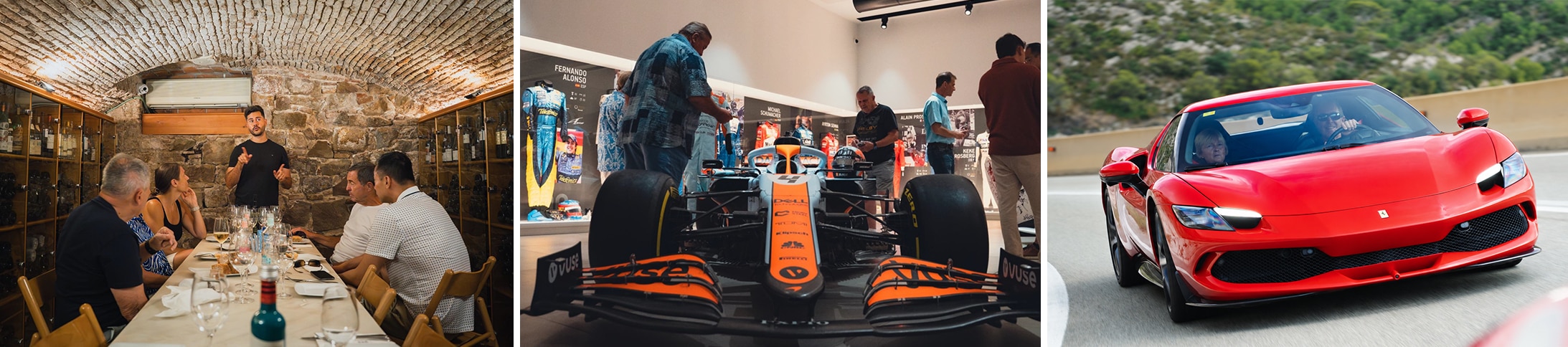 Motorsports experience with dining, a Formula 1 race car exhibit, and a red sports car.