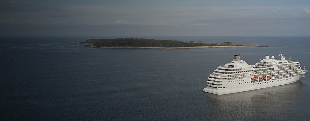 regent cruise ship in ocean with island