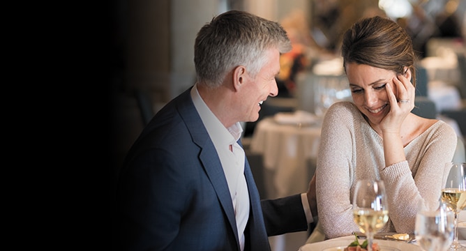 man and woman in nice clothes smiling at each other at table with white wine