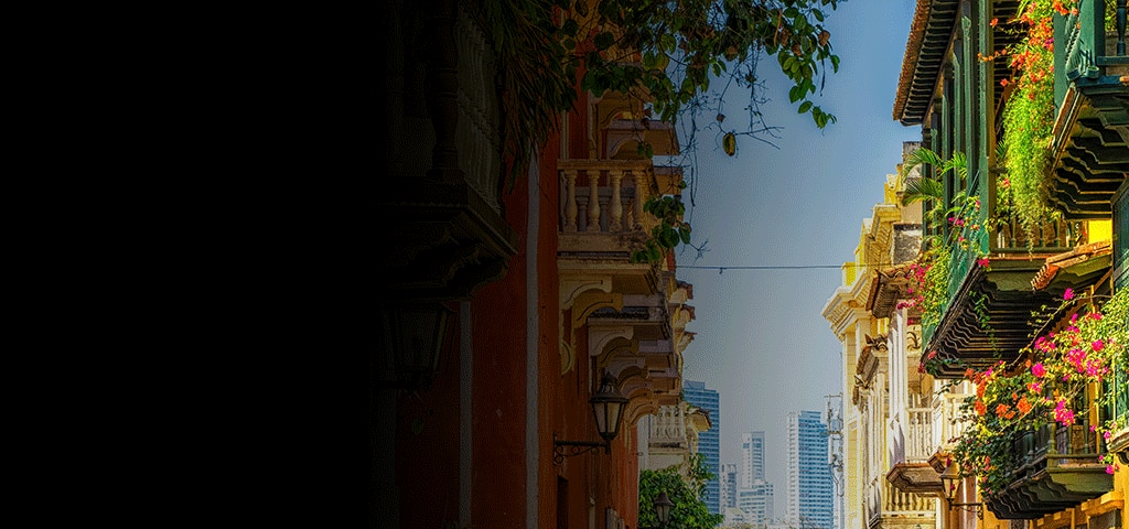Colorful balconies with flowers in Cartagena's historic district, Colombia