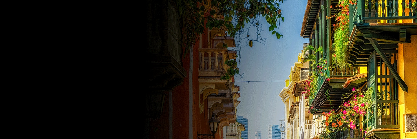 Colorful balconies with flowers in Cartagena's historic district, Colombia