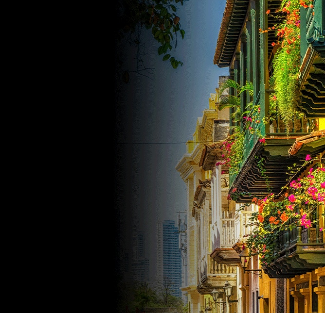 Colorful balconies with flowers in Cartagena's historic district, Colombia