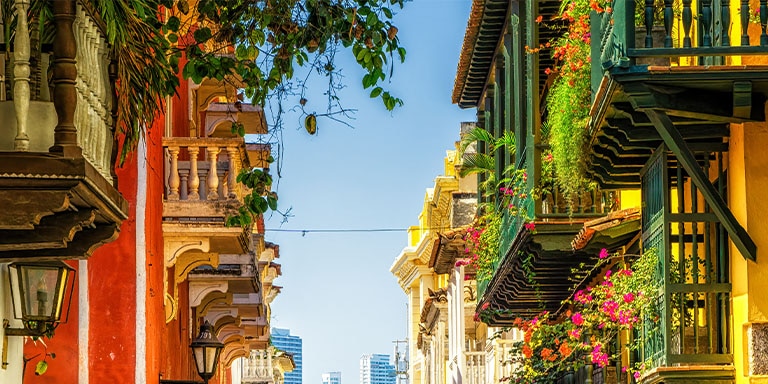 Colorful balconies with flowers in Cartagena's historic district, Colombia