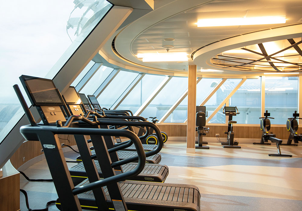 el gimnasio rodeado de ventanas y repleto de máquinas de ejercicio, como cintas para correr